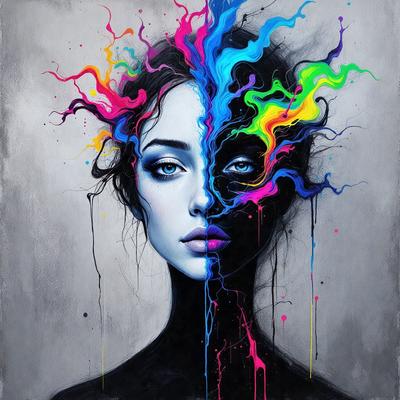 The primary subject of the image is a woman with a black and white face, painted in a colorful and artistic manner. The setting is a gray background, which contrasts with the vibrant colors of the woman's face. The visual style is a combination of digital art and illustration, creating a unique and eye-catching portrait. The colors and mood of the image are lively and energetic, with the woman's face being the focal point of the artwork.
